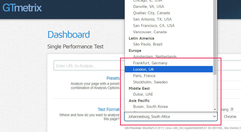 test speed gtmetrix location